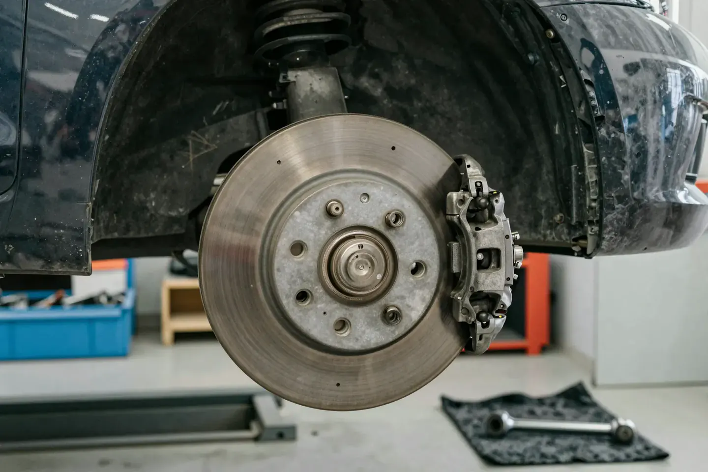 A front wheel hub with a new brake rotor and caliper, a torque wrench on a shop towel nearby.