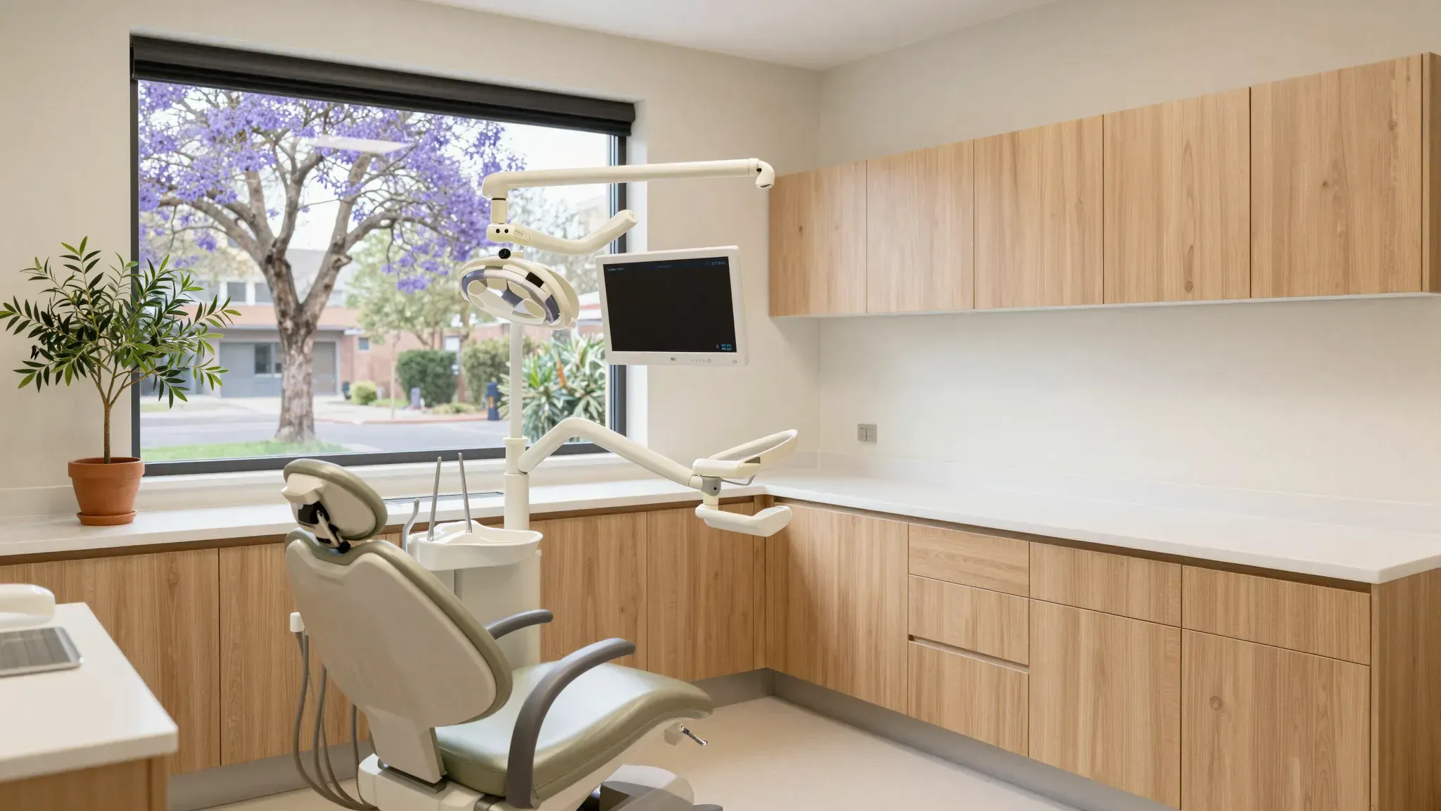 A bright dental treatment room with a sage chair, oak cabinets and a jacaranda outside the window.