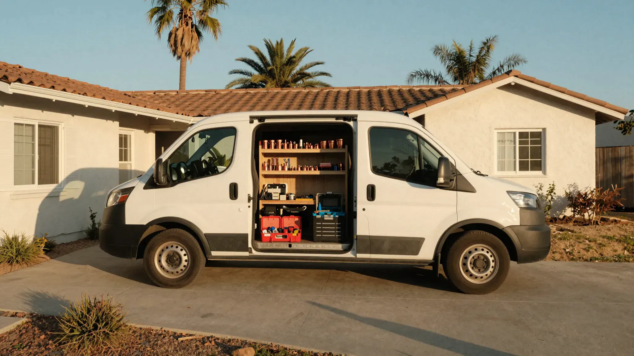 A white service van with organized copper fittings in a Southern California driveway at golden hour.