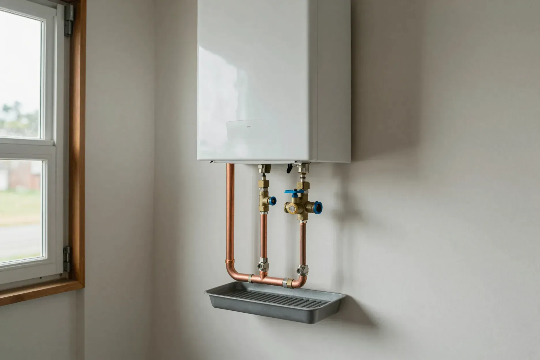 A newly installed tankless water heater with copper lines and a drip pan.