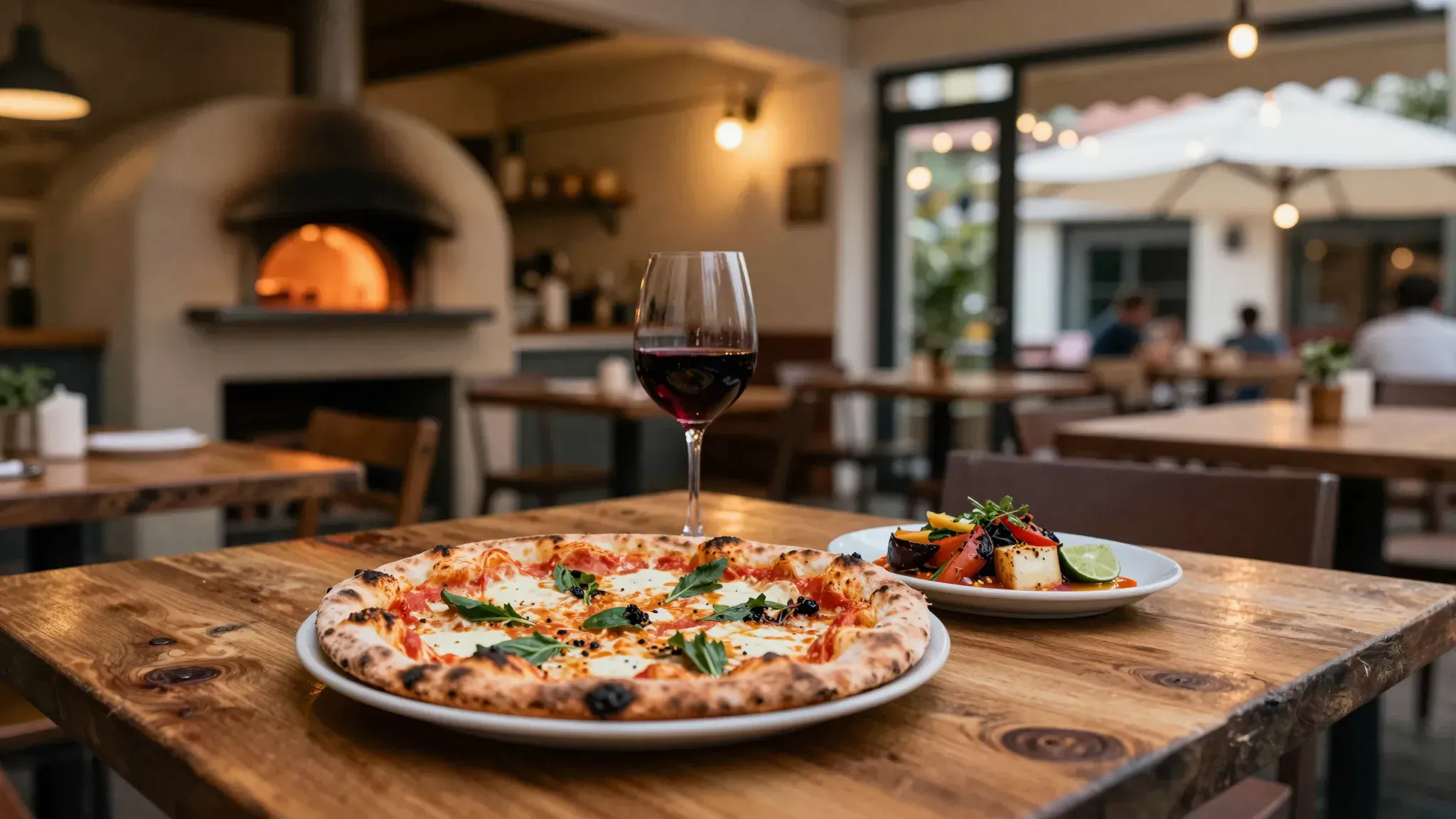 A wood-fired margherita pizza and a glass of red wine on a walnut table, with a glowing oven behind.